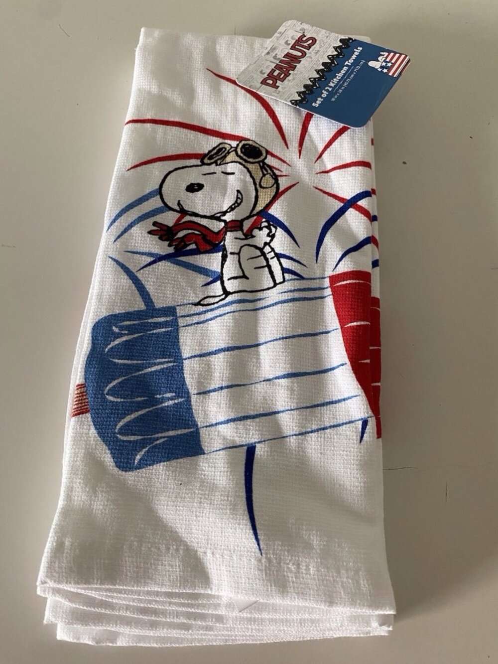 2 Pk Peanuts Snoopy Flying Ace Patriotic 4th Of July Kitchen Towels Fireworks
